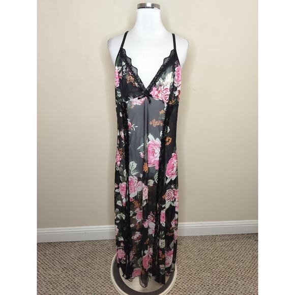 Avidlove Sheer Floral Chemise Nightgown Double Slit Lace Trim - Picture 1 of 13
